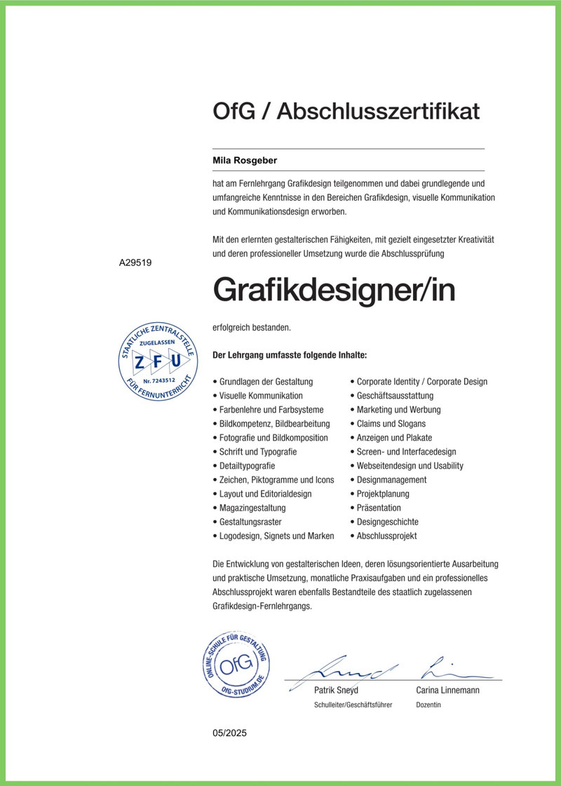 OfG Abschlusszertifikat Grafikdesigner/in von Mila Rosgeber